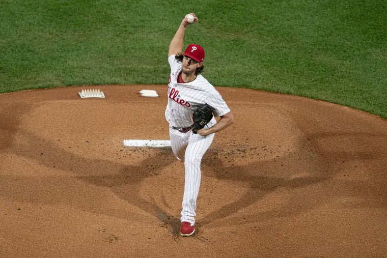 Phillies starter Aaron Nola pitching in the first inning of Game 2 against the Diamondbacks. Nola allowed three hits in six shutout innings, striking out seven.