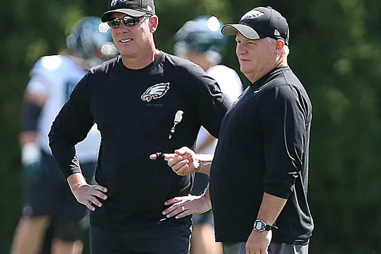 Eagles offensive coordinator Pat Shurmur and head coach Chip Kelly. (David Maialetti/Staff Photographer)