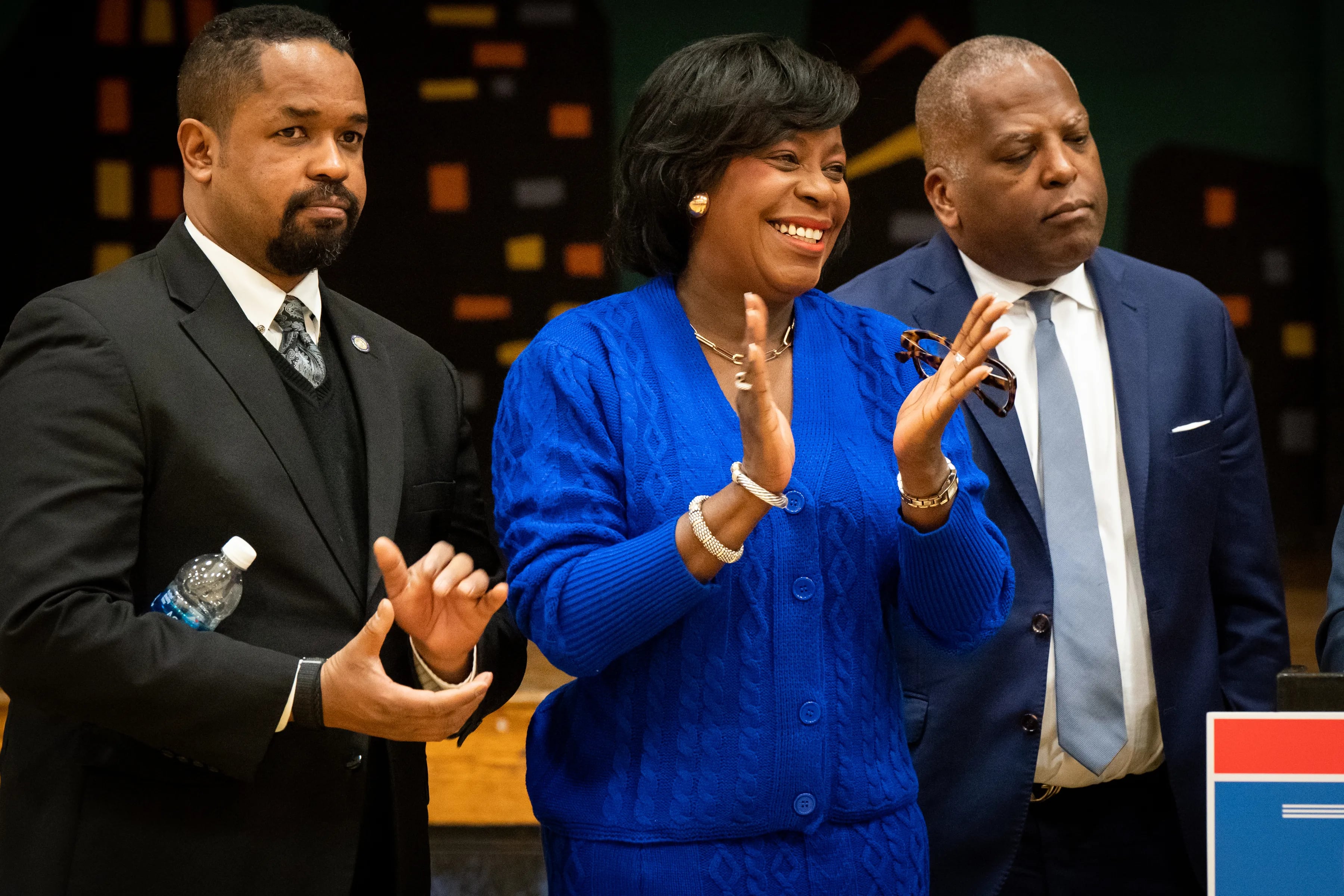 (Left to Right) Senator Sharif Street, Mayor Cherelle Parker, and Stephen Benjamin, White House Senior Advisor to the President and Director of Public Engagement, shown here during a press conference to announce a federal grant to expand broadband service in Philadelphia, at the Martin Luther King Recreation Center, in Philadelphia, Friday, March 1, 2024.