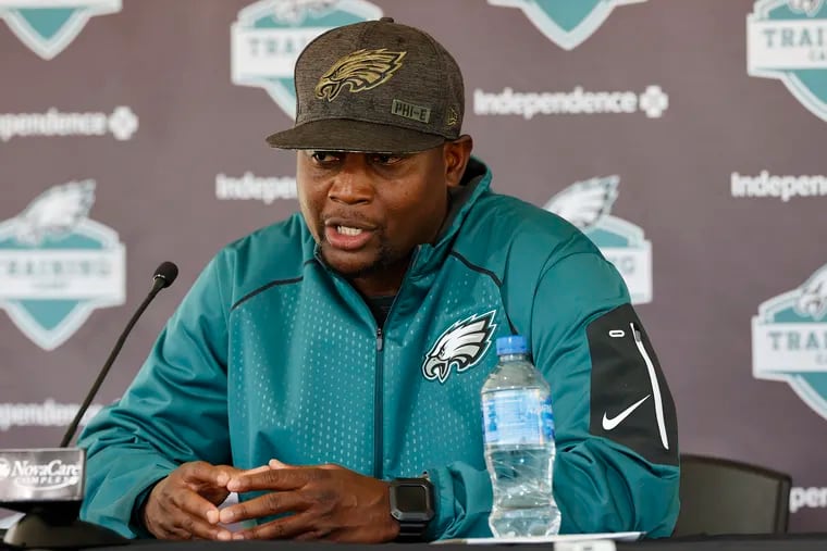 Former Eagles defensive passing game coordinator and defensive backs coach Dennard Wilson meets with the media during training camp.