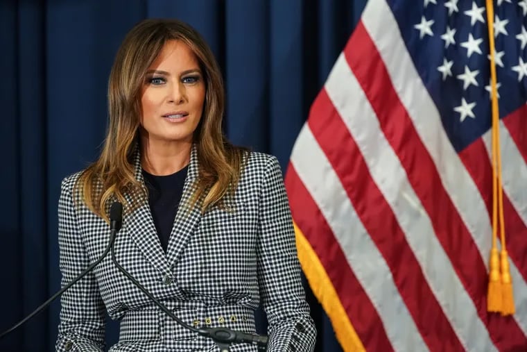 First lady Melania Trump speaks at Thomas Jefferson University Hospital Wednesday after her original flight to the city was forced to return Andrews Air Force base due to smoke in the cabin from a mechanical malfunction.