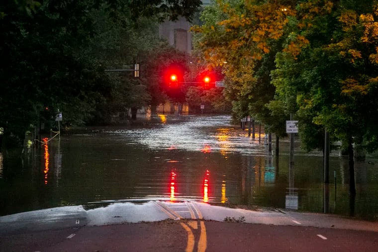 Kelly Drive at Midvale Avenue is flooded after Schuylkill River overflows.