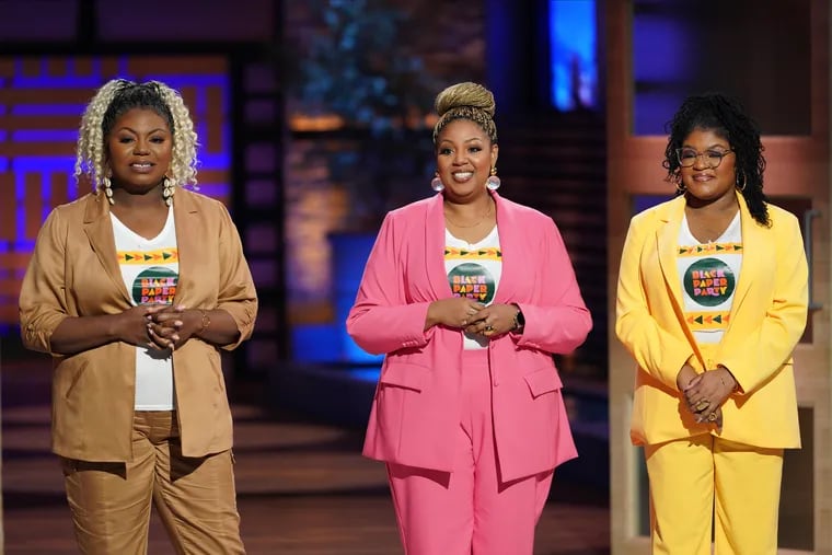 Black Paper Party founders (from left) Madia Willis, Jasmine Hudson and J'Aaron Merchant make their pitch on an episode of "Shark Tank" which airs on ABC at 8 p.m. on Friday, Dec. 8.