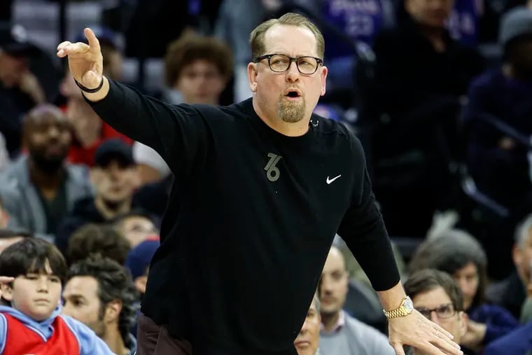 Sixers head coach Nick Nurse calls play against the Heat during the fourth quarter at the Wells Fargo Center in Philadelphia, Monday, March 18, 2024.