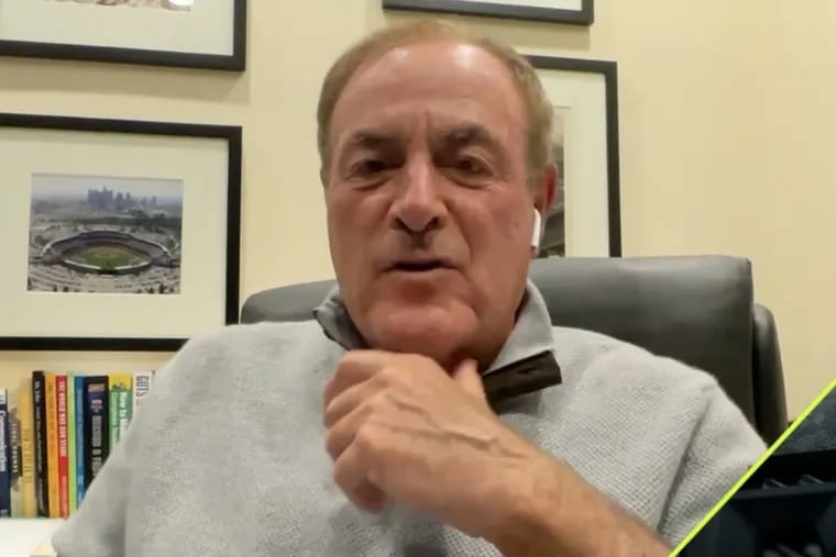 Longtime "Sunday Night Football" announcer Al Michaels makes an appearance on ESPN's "Monday Night Football" alternate telecast featuring Peyton and Eli Manning.