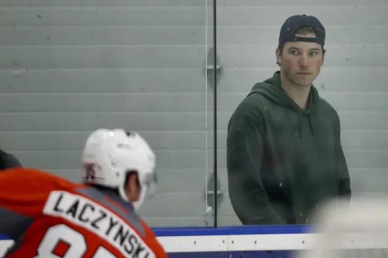 Nolan Patrick watches development camp at the Flyers Skate Zone in Voorhees on July 8.