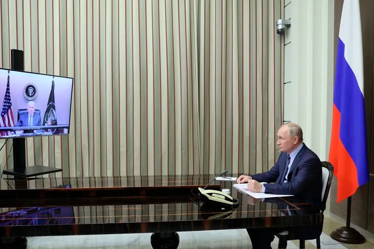 Russian President Vladimir Putin during his talks with U.S. President Joe Biden via videoconference in Sochi, Russia on Tuesday, Dec. 7, 2021.