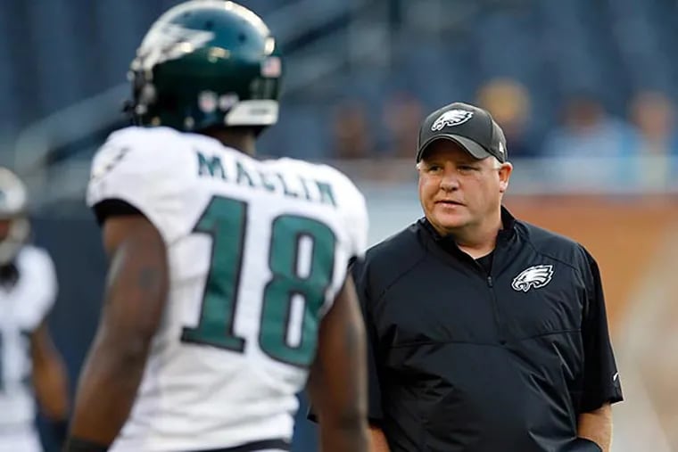Eagles head coach Chip Kelly (left) and wide receiver Jeremy Maclin. (Yong Kim/Staff Photographer)