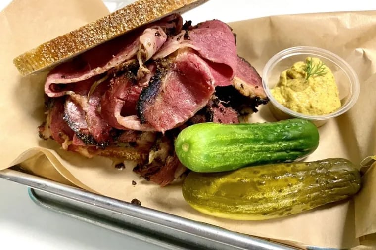 Pastrami on rye with half-sour pickles at the Borscht Belt in Stockton, N.J., on June 11, 2021.