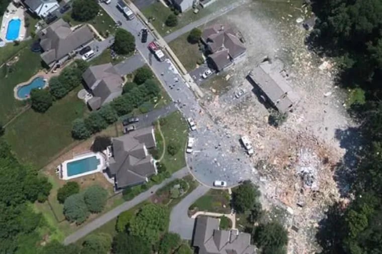 An aerial photograph of a house destroyed by a UGI gas leak in 2017. The photograph, originally from Lancaster.online, was included in a report by the National Transportation Safety Board.