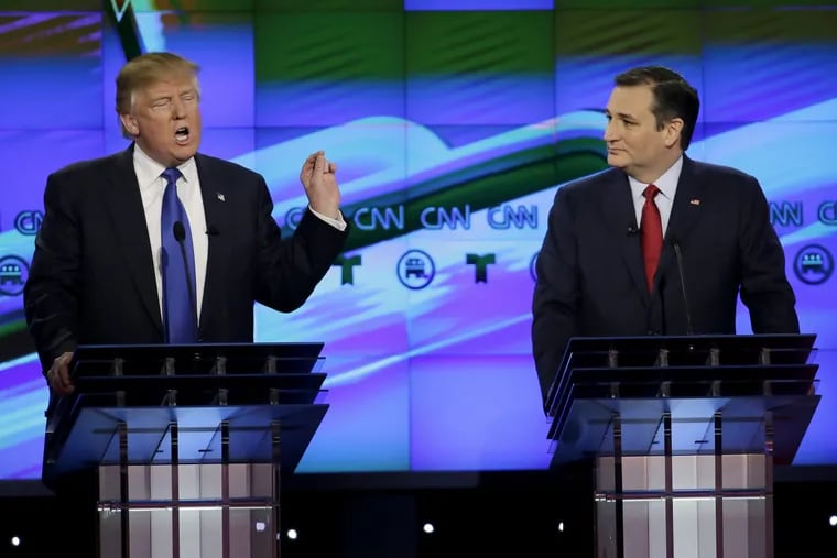 President Trump (left) and Texas Sen. Ted Cruz during a February 2016 Republican presidential debate.