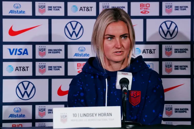 Lindsey Horan speaking at a U.S. women's soccer team news conference Thursday in Auckland.