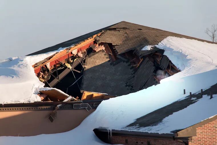 The collapsed roof at Calvary Fellowship Church on Route 113 in Downingtown on Monday, Jan. 25, 2016.