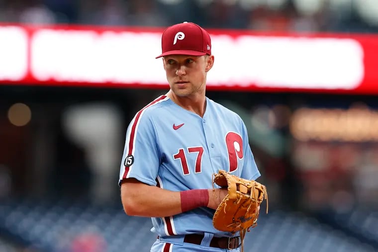 Will Rhys Hoskins hang up his first baseman's mitt next year if the designated hitter comes to the National League? The Phillies slugger would rather not.