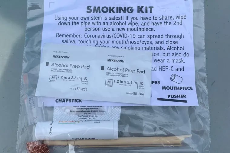 A safer smoking kit, used to help people who smoke meth and crack cocaine to avoid injury and death, distributed by harm reductionists in Philadelphia.