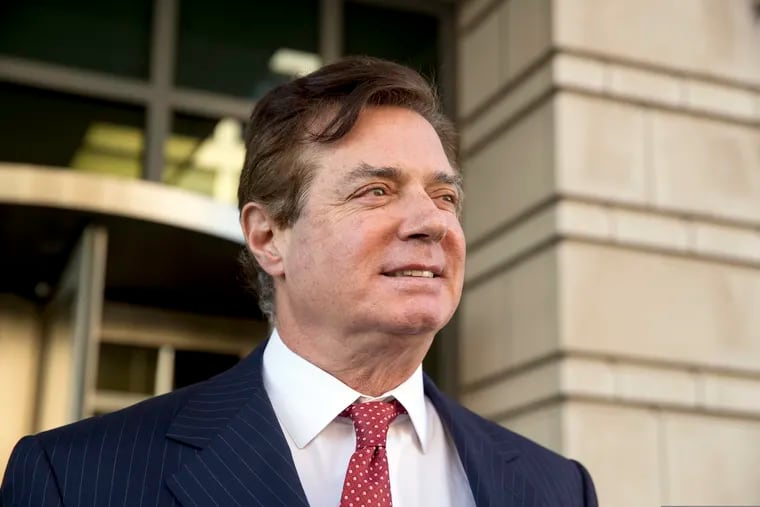 FILE - In this Nov. 2, 2017 file photo, Paul Manafort, President Donald Trump's former campaign chairman, leaves Federal District Court in Washington. The 69-year-old Manafort is scheduled to appear Thursday in U.S. District Court in Alexandria, Virginia, where he could get 20 years under federal guidelines but his lawyers have sought a shorter sentence. Manafort was convicted of hiding from the IRS millions of dollars he earned from his work advising Ukrainian politicians.  (AP Photo/Andrew Harnik)
