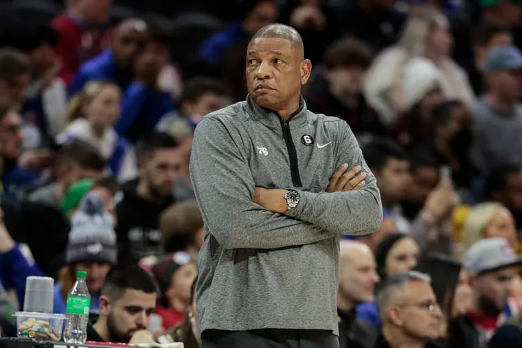 Sixers head coach Doc Rivers watches his team play the Clippers during the 2nd quarter at the Wells Fargo Center in Philadelphia, Friday,  December 23, 2022.