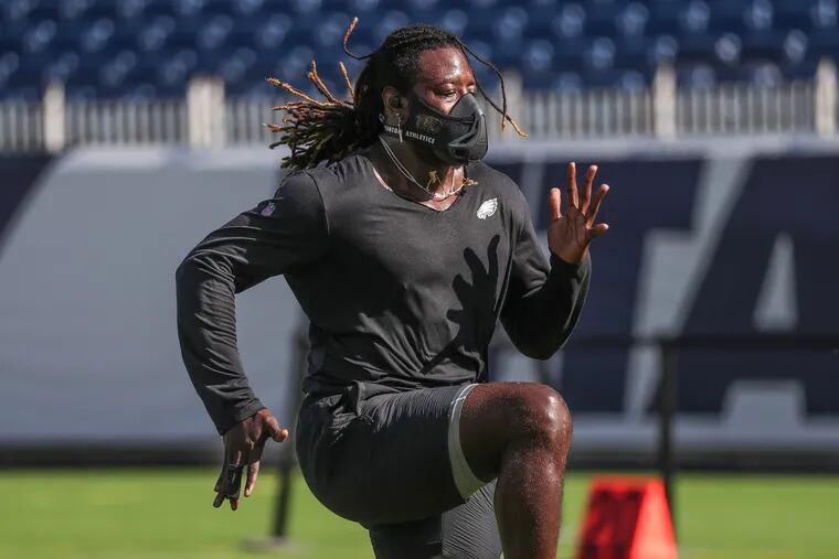 Eagles running back Jay Ajayi warming up before the Titans game.