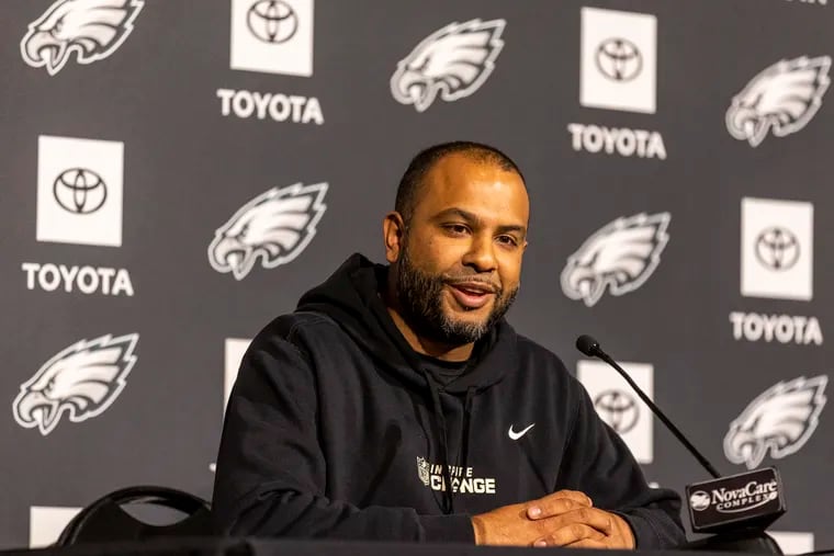 Sean Desai, Eagles defensive coordinator, speaks to the media at the NovaCare Complex on Thursday.