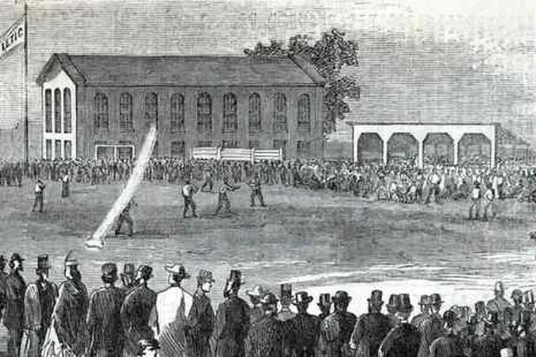 The Athletics playing the Atlantics of Brooklyn, N.Y., in Philadelphia on Oct. 30, 1865. Black clubs could not join the National Association.