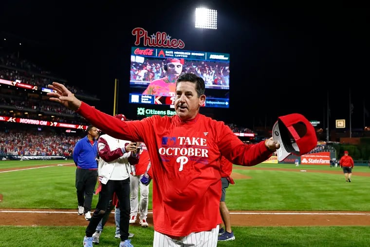 Manager Rob Thomson rejoices after the Phillies swept the Miami Marlins in their wild-card series at Citizens Bank Park. Will the NL Division Series with Atlanta follow the same script as last year?