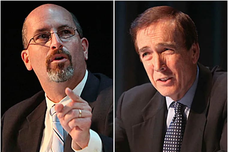 It could be a tight race for challenger Bill Rubin, a Democrat, (left) and long-time GOP councilman Brian O'Neill in Philadelphia's District 10. (Steven M. Falk/Staff)