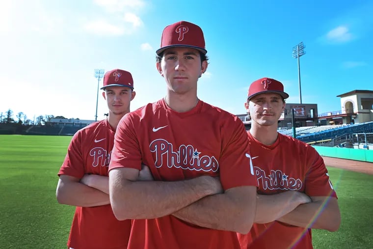 Phillies pitching prospects (from left) Mick Abel, Andrew Painter, and Griff McGarry are sharing a house during spring training in Clearwater, Fla.