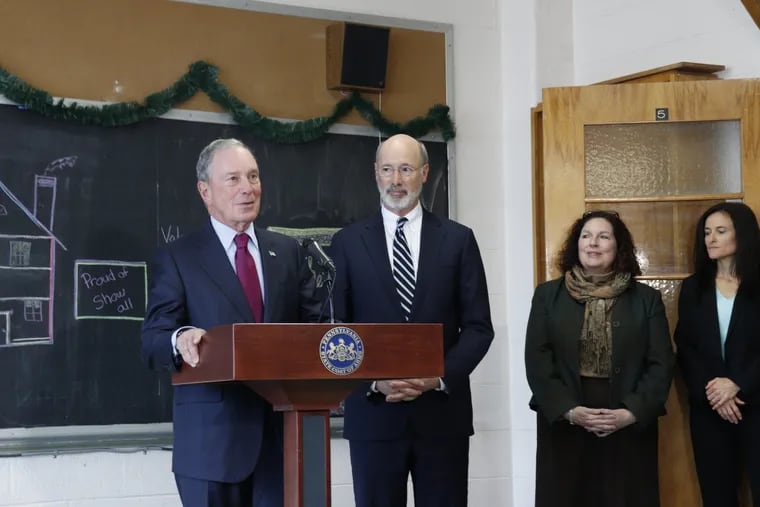 Former New York Mayor a Michael Bloomberg (at the podium) and Gov. Wolf visited students fighting addiction at the Bridgeway School in Holmesburg. The visit followed Bloomberg's announcement about a $50 million initiative to help 10 states battle the opioid epidemic.