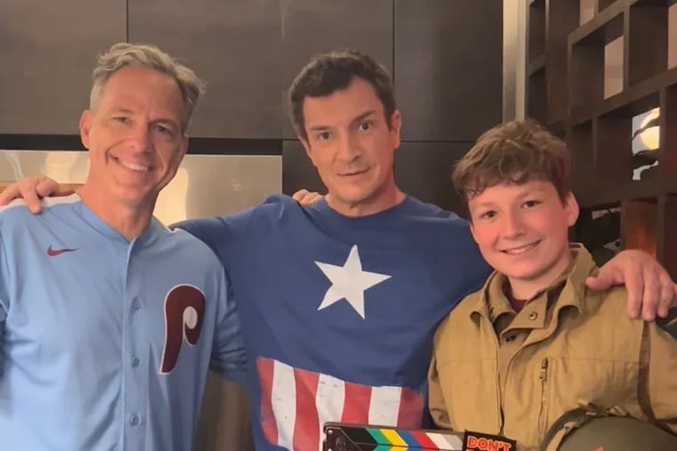 From left: Jake Tapper, Nathan Fillion, and Jack Tapper on the set of ABC's "The Rookie."