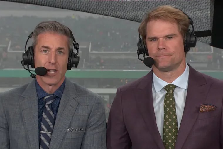 Fox Sports announcers Kevin Burkhardt (left) and Greg Olsen during Sunday's Eagles-49ers game.