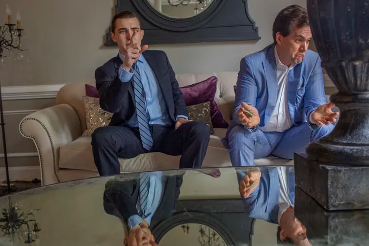 Jacob Wohl, left, and Jack Burkman in Burkman's home in Arlington, Va., in May.