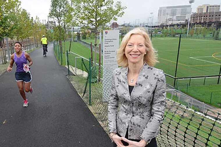 University of Pennsylvania President Amy Gutmann stands near the newly built athletic complex on the eastern end of campus. (Clem Murray / Staff Photographer)