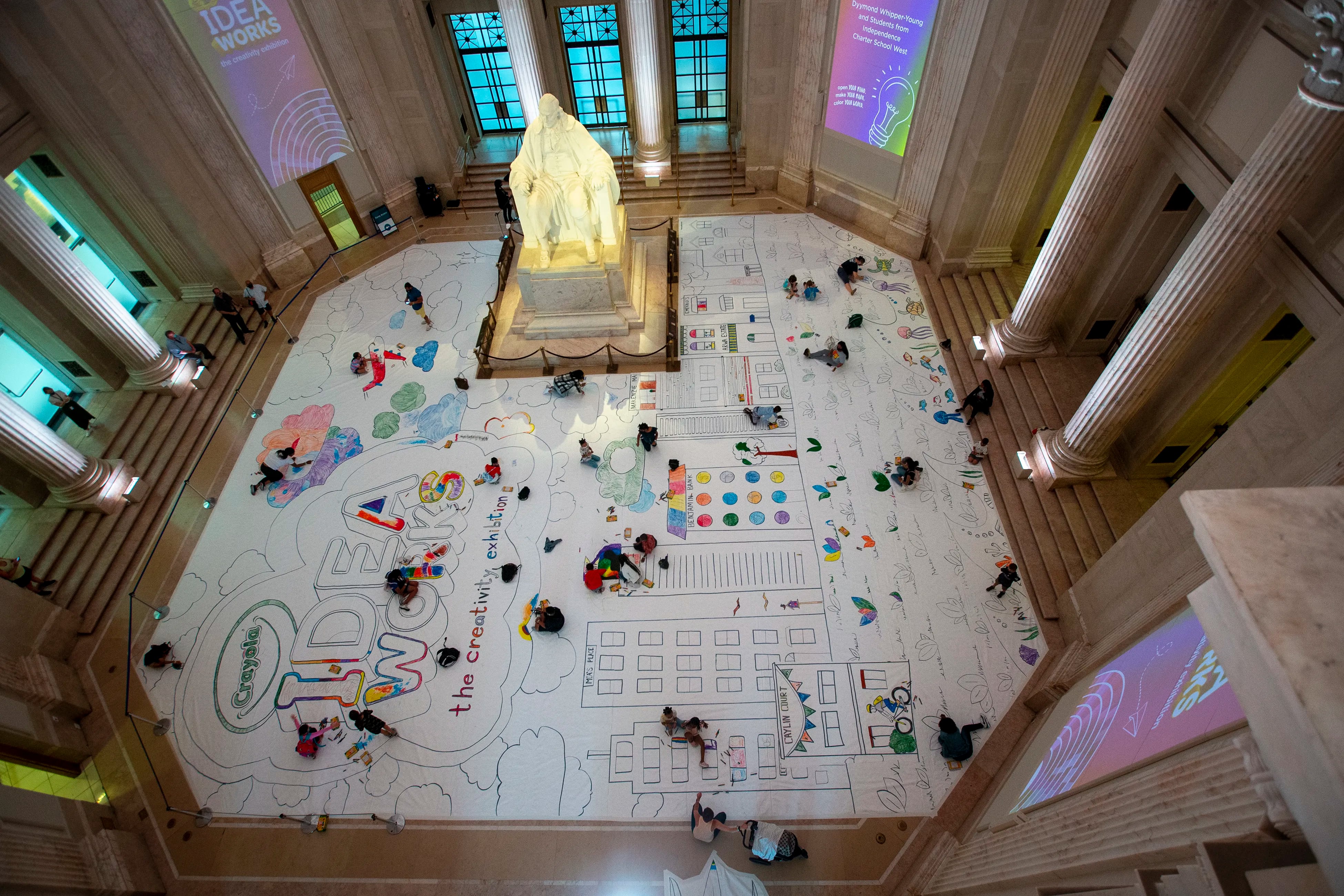 Part of the Franklin Institute's exhibit "Crayola IDEAworks: The Creativity Exhibition" where students from Independence Charter School West colored in a portion of the 6,500 square foot drawing created by their art teacher Dyymond Whipper-Young.