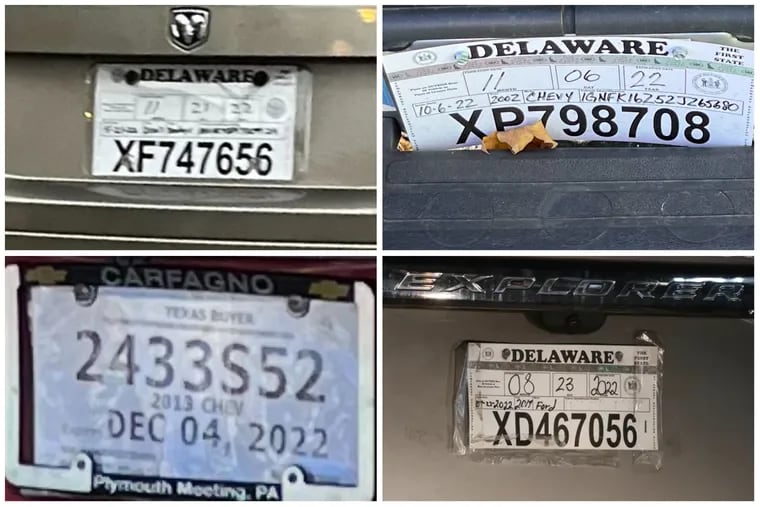 Phony temporary license plates, including the plate from the Ford Explorer used in the Roxborough High School fatal shooting, lower right, are increasingly being used to evade police.