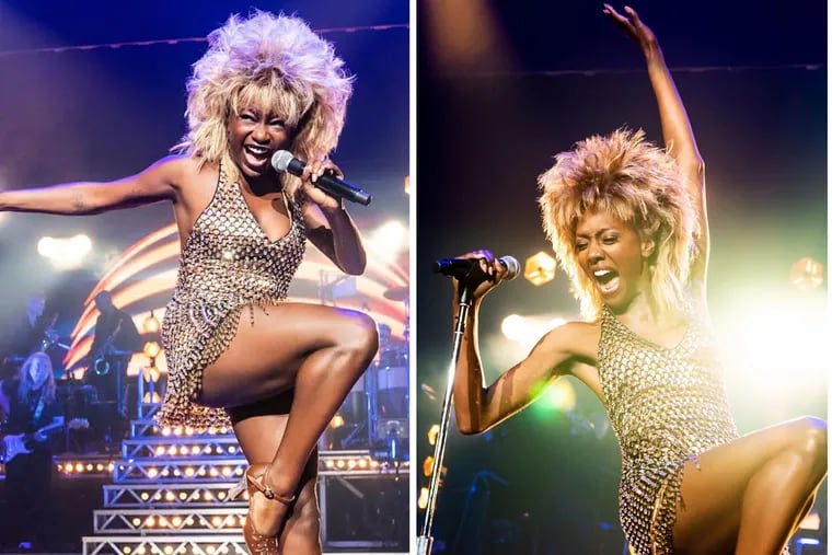 The two Tinas: Naomi Rodgers (left) and Zurin Villanueva performing Tina Turner's Grammy-winning hit, "What's Love Got to Do with It" in "Tina: The Tina Turner Musical."