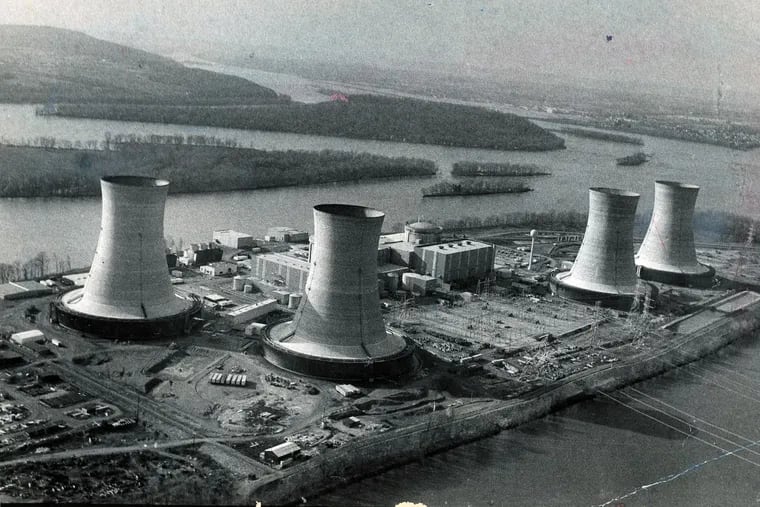 An aerial view of the Three Mile Island nuclear power plant around the time of the disaster in 1979.