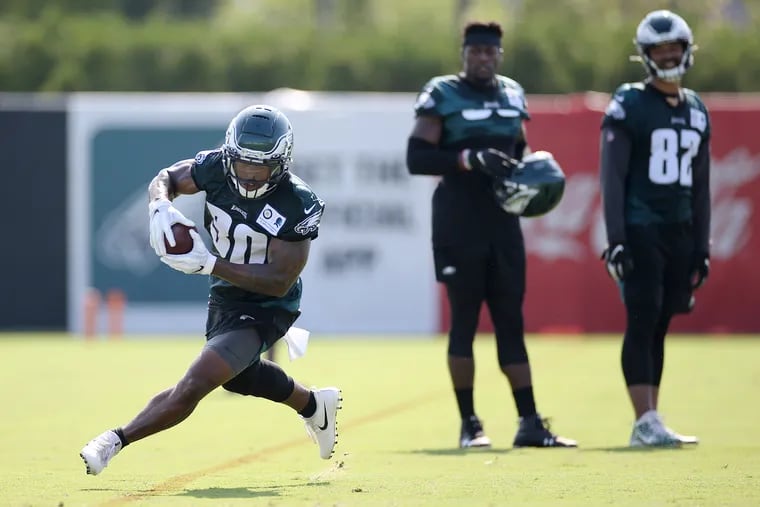 Running back Corey Clement makes a catch during Eagles training camp at the NovaCare Complex on Friday, July 26, 2019.