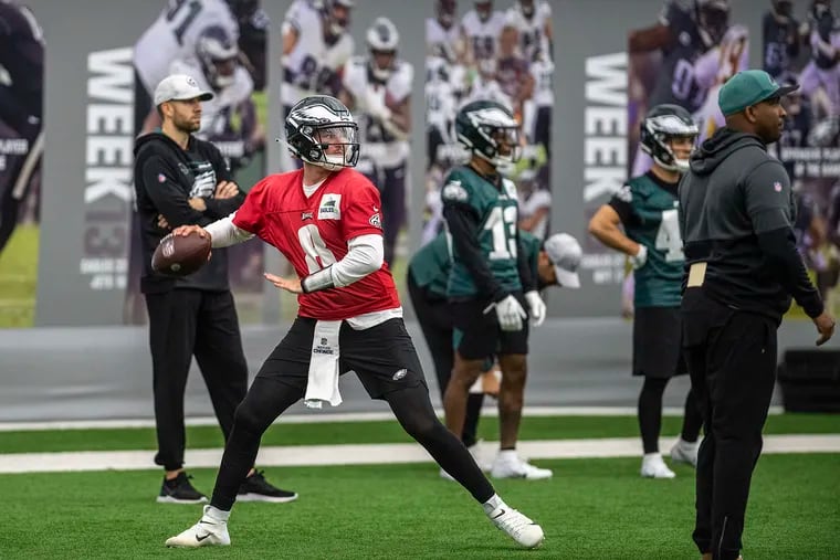 Philadelphia Eagles Carson Strong, practice during NFL rookie football minicamp on Friday in Philadelphia.