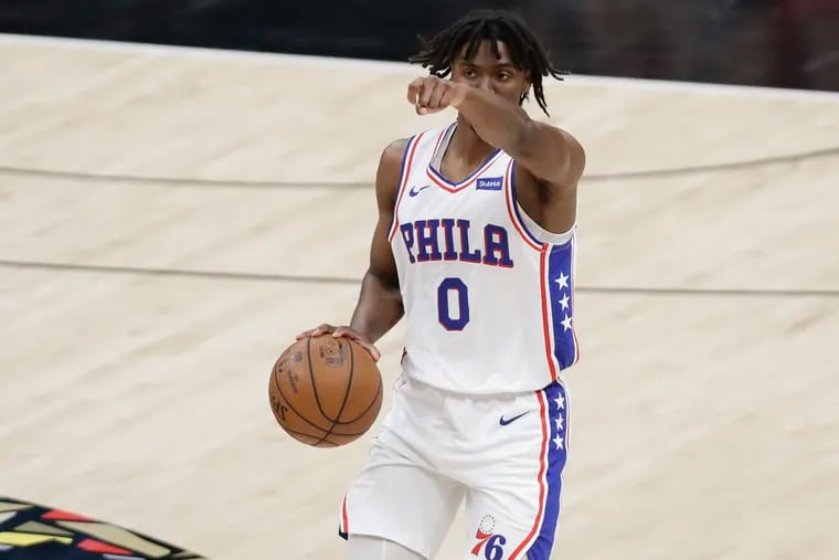 Sixers guard Tyrese Maxey points dribbling the basketball against the Atlanta Hawks in Game 6 of the NBA Eastern Conference playoff semifinals on Friday, June 18, 2021 in Atlanta.