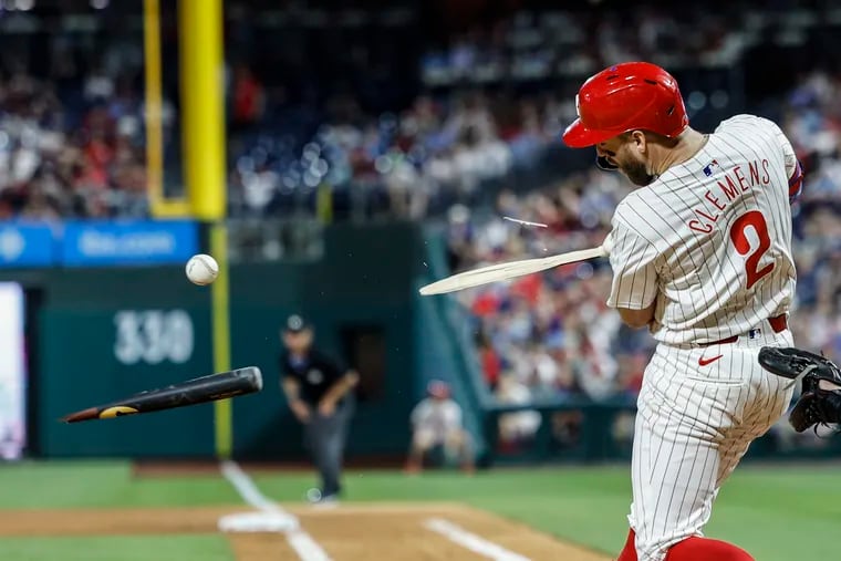 Phillies Kody Clemens broken bat ground out against the Blue Jays during the 8th inning at Citizens Bank Park in Philadelphia, Tuesday, May 7, 2024
