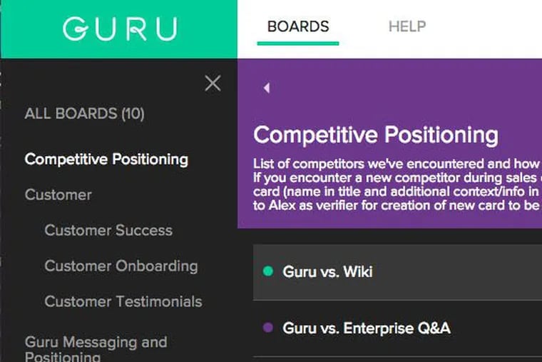 A screenshot of Guru's boards. The platform helps disseminate information across different groups in an organization.