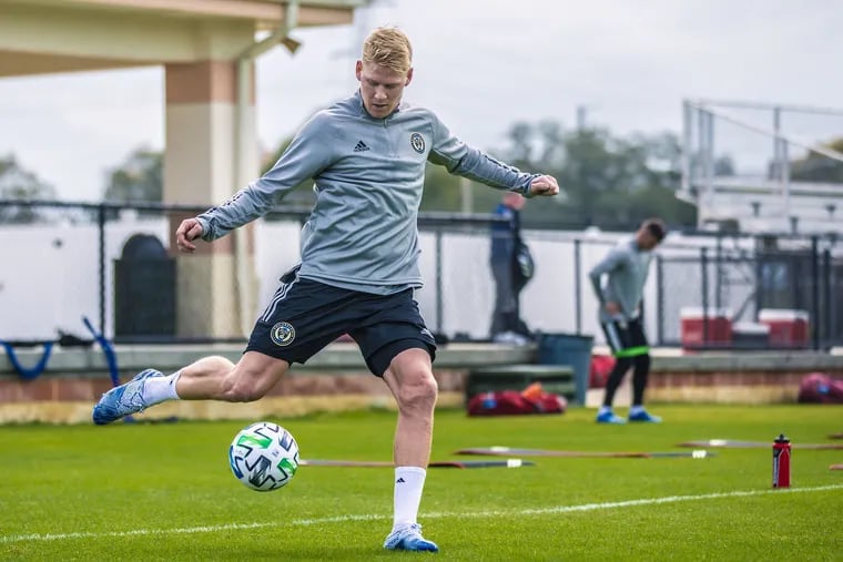 New Union centerback Jakob Glesnes in a practice session at the team's preseason training camp in Clearwater, Florida.