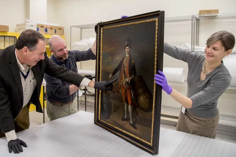 A painting of American Revolutionary War Patriot Col. Benjamin Flower by James and Charles Willson Peale is on loan to the American Revolutionary War Museum in Philadelphia for its opening in April 2017. Seen here are (from left) Scott Stephenson, V.P. of Collections, Philip Mead, Chief Historian, and Michelle Presnall, Registar.