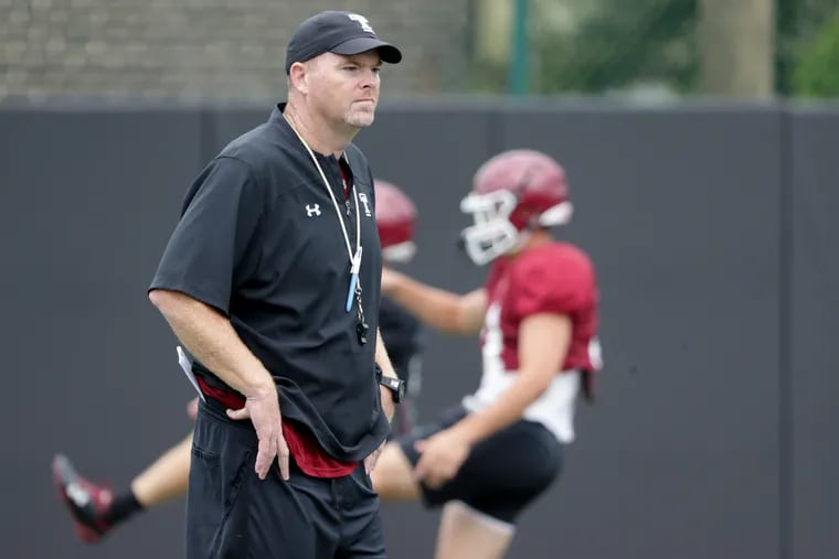 Head coach Rod Carey watches during Temple Owls football practice in Philadelphia, PA on August 27, 2019.