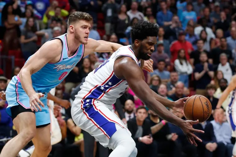 Tobias Harris’ missed dunk followed by Joel Embiid’s huge turnover and more miscues led to a 117-116 overtime loss to the Miami Heat on Saturday.