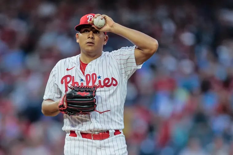 Phillies pitcher Ranger Suarez after serving up a solo home run to Braves Austin Riley during the 6th inning at Citizens Bank Park in Philadelphia, Tuesday, June 20, 2023.