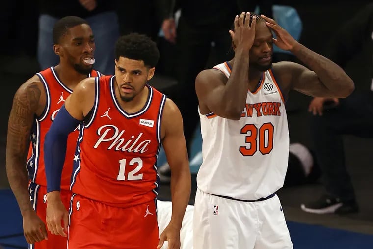 Julius Randle (30) of the New York Knicks reacts after he is called for fouling Tobias Harris (12) of the Sixers in the final seconds of overtime at Madison Square Garden on Sunday. Harris shot the game-winning point by free throw.