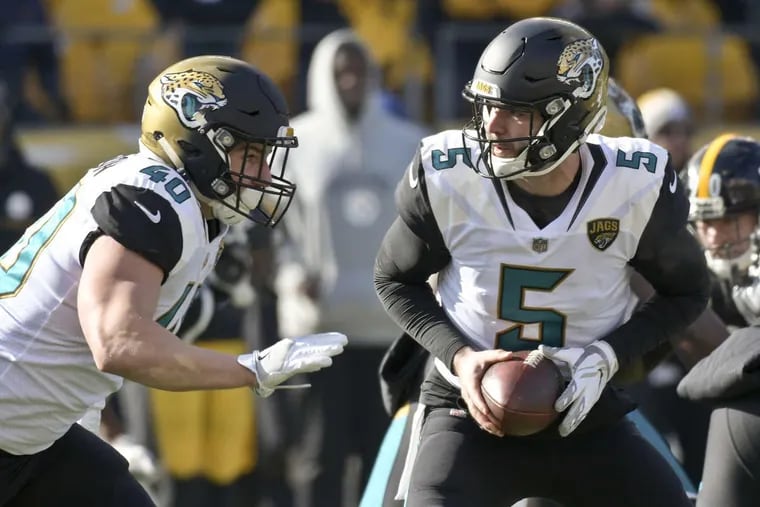 Jaguars quarterback Blake Bortles (5) plays in an NFL football game against the Pittsburgh Steelers, Sunday, Jan. 14, 2018, in Pittsburgh.