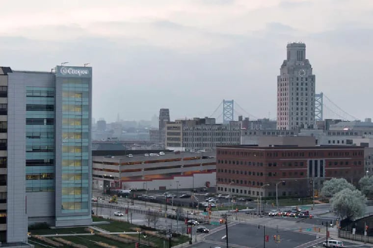 File photo of the Camden skyline, with Philadelphia in the background and Cooper University Hospital on the left.