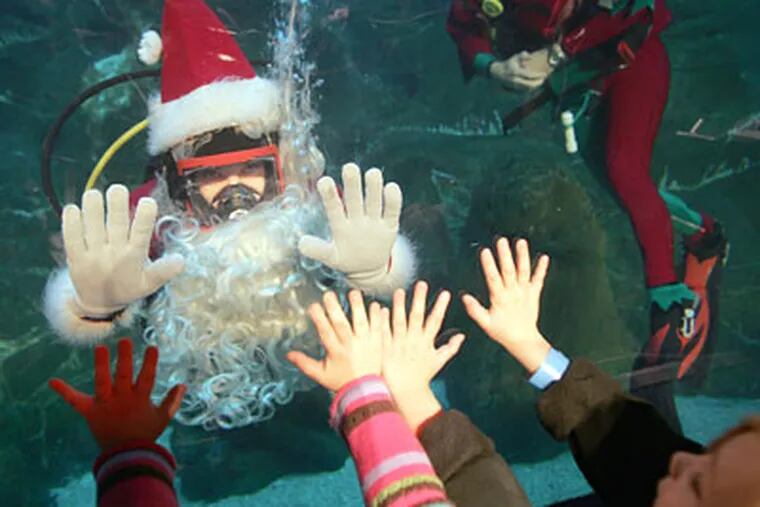 Scuba Santa and children touch the glass of the Ocean Realm tank at Adventure Aquarium. (David Swanson / Staff Photographer)